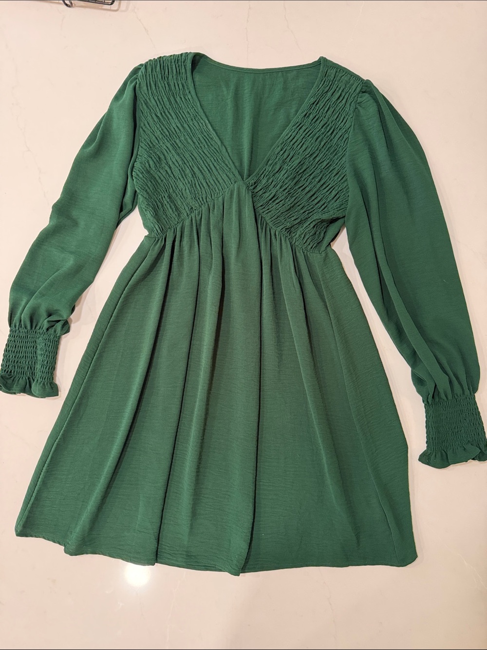 Green Smocked Long-Sleeve V-Neck Dress